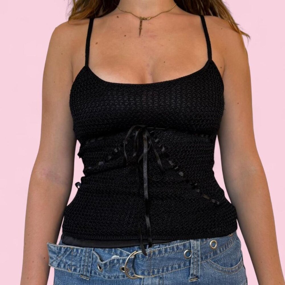apt. 9 black crochet cami top with lace-up front detail